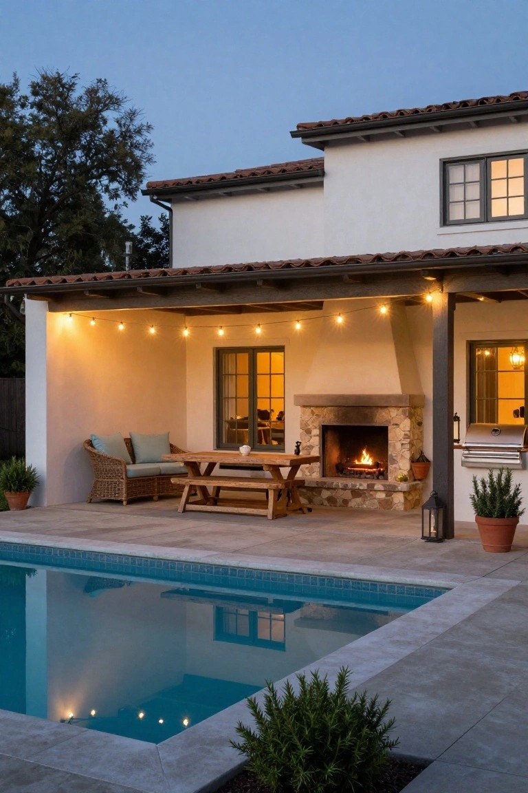 24 Cozy Pool House With Fireplace Ideas For Year Round Comfort White stucco house with red tile roof and covered patio featuring stone fireplace, wooden picnic table, wicker sofa with blue cushions, string lights, built-in grill, potted plants, and turquoise swimming pool at dusk.