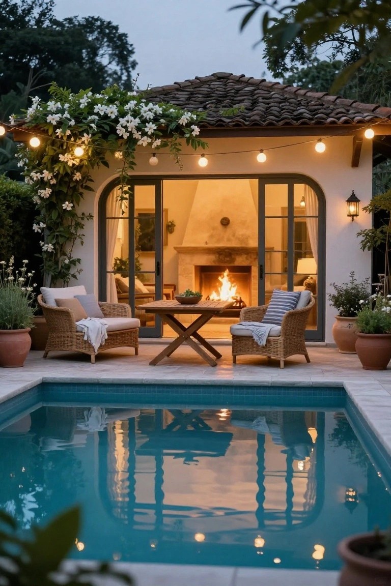 24 Cozy Pool House With Fireplace Ideas For Year Round Comfort Pool house at dusk with open arched French doors revealing an indoor fireplace, rattan lounge chairs and low table on tiled deck beside turquoise pool, string lights and potted plants.