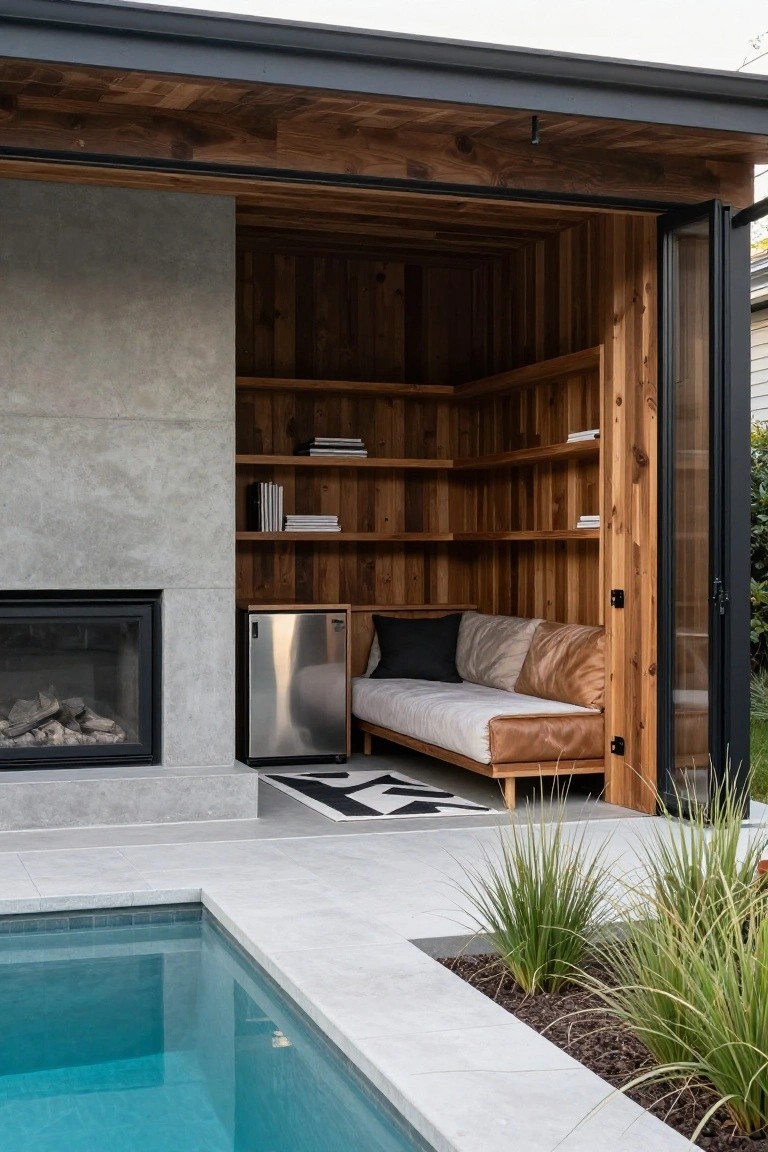 24 Cozy Pool House With Fireplace Ideas For Year Round Comfort Open wooden pool house interior with cedar walls and ceiling, built-in shelves holding books, a gas fireplace, stainless steel mini fridge, beige daybed with leather and fabric cushions on tiled floor, adjacent to an in-ground pool and potted grasses.