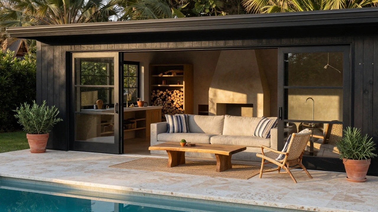 Open black sliding doors on a dark wood pool house pavilion reveal a beige stone fireplace with fire lit and wood storage, adjacent to poolside beige sofa, rattan armchair, teak coffee table on travertine deck next to blue pool and potted plants under palm trees.