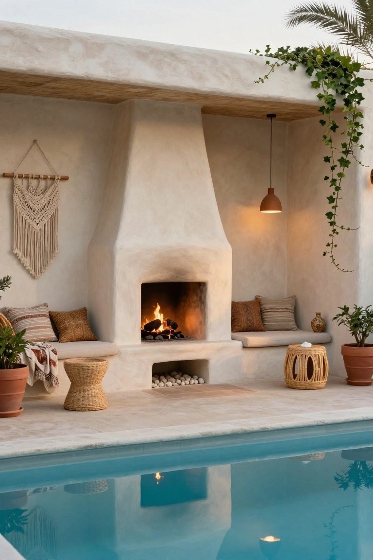 24 Cozy Pool House With Fireplace Ideas For Year Round Comfort White stucco outdoor fireplace with burning logs and pebble base, built-in bench with beige cushions and pillows, rattan tables, potted plants, macrame wall hanging, pendant lamp, and turquoise pool adjacent.