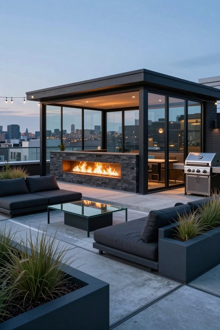 24 Cozy Pool House With Fireplace Ideas For Year Round Comfort Rooftop terrace featuring a glass-walled pavilion with linear stone gas fireplace, low gray sectional sofa, glass coffee table, barbecue grill, and potted grasses overlooking city skyline at dusk.