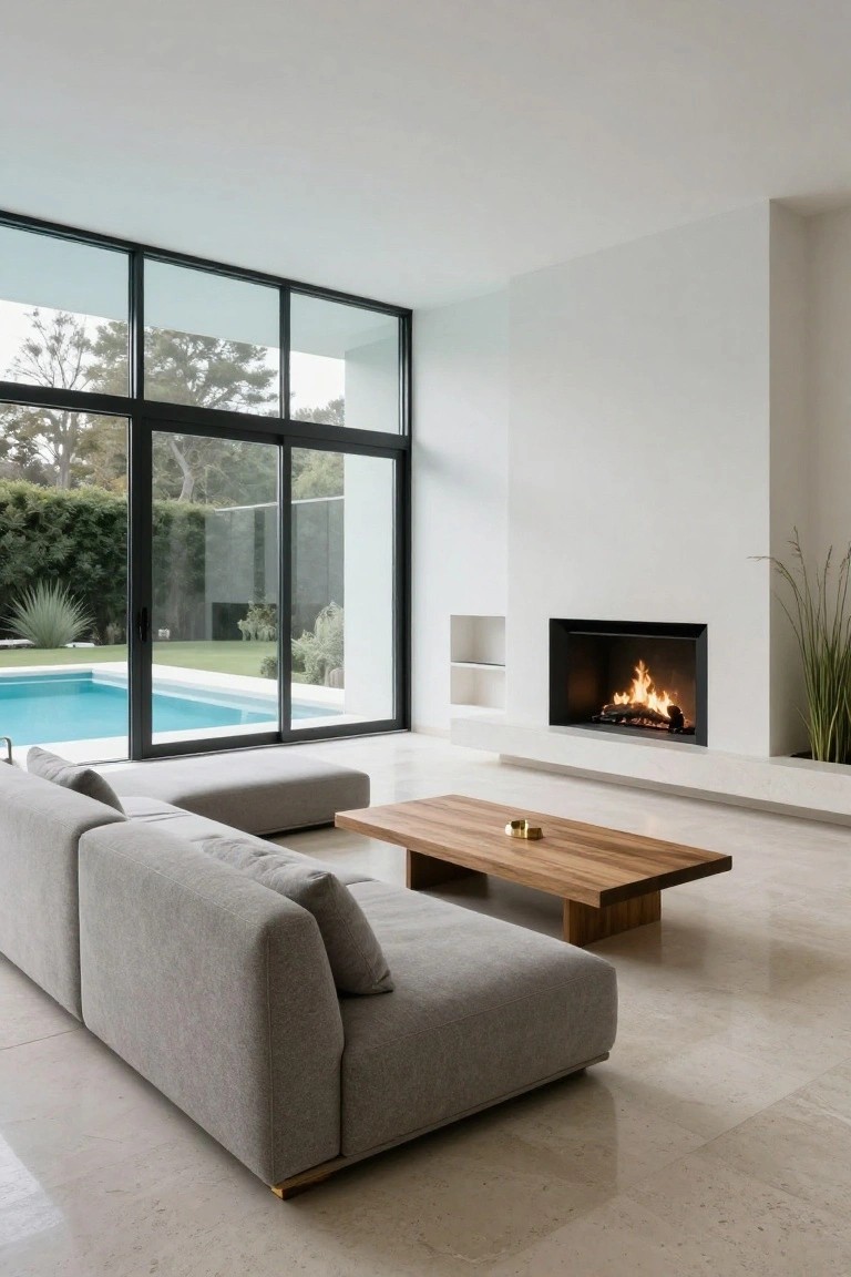 24 Cozy Pool House With Fireplace Ideas For Year Round Comfort Modern minimalist living room with L-shaped gray sofa, low wooden coffee table, recessed linear gas fireplace on white wall with niches, large black-framed sliding glass doors overlooking backyard pool and landscaping, polished stone floor.