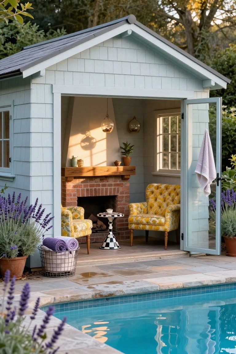 24 Cozy Pool House With Fireplace Ideas For Year Round Comfort Light blue shingled pool house with open double doors revealing a brick fireplace, yellow upholstered chairs, side table, hanging plants, towels, and potted lavender beside a rectangular swimming pool on a stone patio.