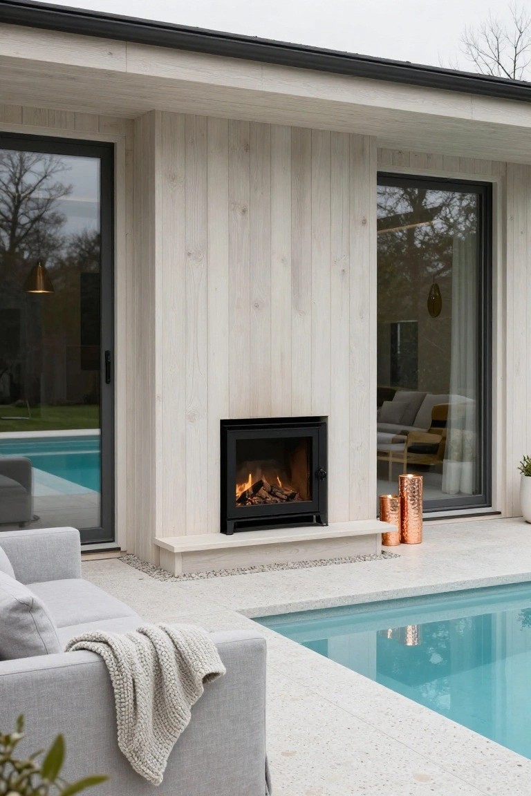 24 Cozy Pool House With Fireplace Ideas For Year Round Comfort Exterior view of a modern pool house with light wood cladding, a built-in black gas fireplace on a stone hearth, gray outdoor sofa with white throw blanket, copper candle holders, and turquoise infinity pool on a light stone patio.