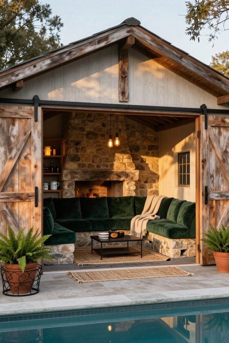 24 Cozy Pool House With Fireplace Ideas For Year Round Comfort Open barn-style pool house featuring stone fireplace, green L-shaped sectional sofa on stone base, potted plants, and adjacent swimming pool.
