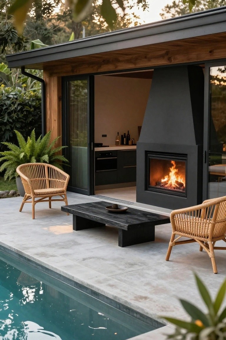 24 Cozy Pool House With Fireplace Ideas For Year Round Comfort Modern pool house with open sliding glass doors revealing an indoor kitchen, tall black fireplace with burning logs on the patio wall, two rattan armchairs and black wooden low table on light gray concrete next to turquoise pool, surrounded by tropical plants and trees.