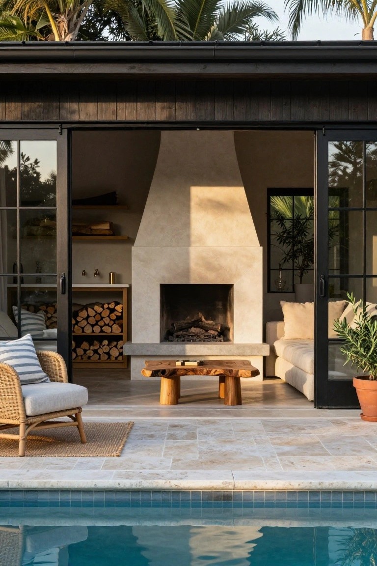 24 Cozy Pool House With Fireplace Ideas For Year Round Comfort Open black sliding doors on a dark wood pool house pavilion reveal a beige stone fireplace with fire lit and wood storage, adjacent to poolside beige sofa, rattan armchair, teak coffee table on travertine deck next to blue pool and potted plants under palm trees.