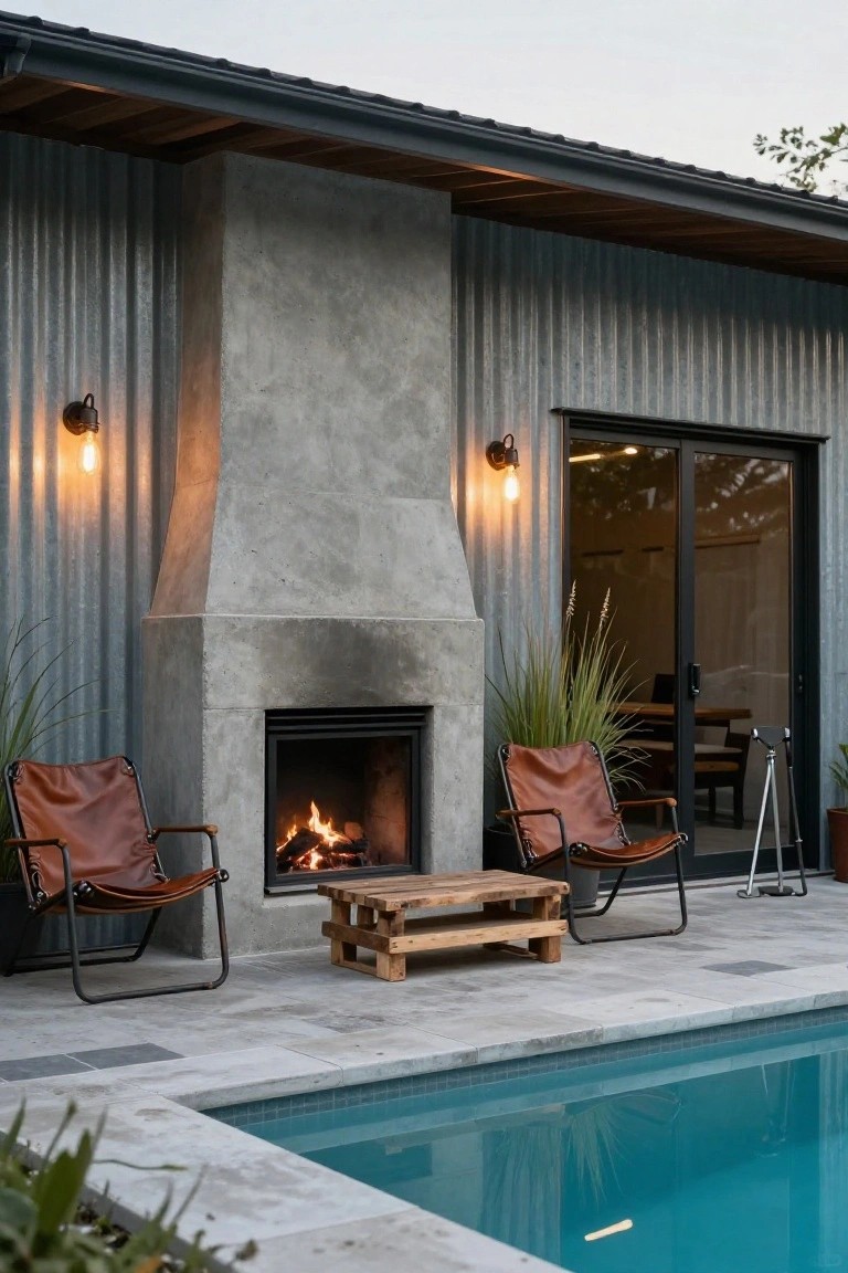 24 Cozy Pool House With Fireplace Ideas For Year Round Comfort Outdoor pool area with a tall concrete fireplace protruding from a corrugated metal house wall, two tan leather sling chairs, a pallet-style wooden table, potted grasses, black sliding glass doors, and turquoise pool water.