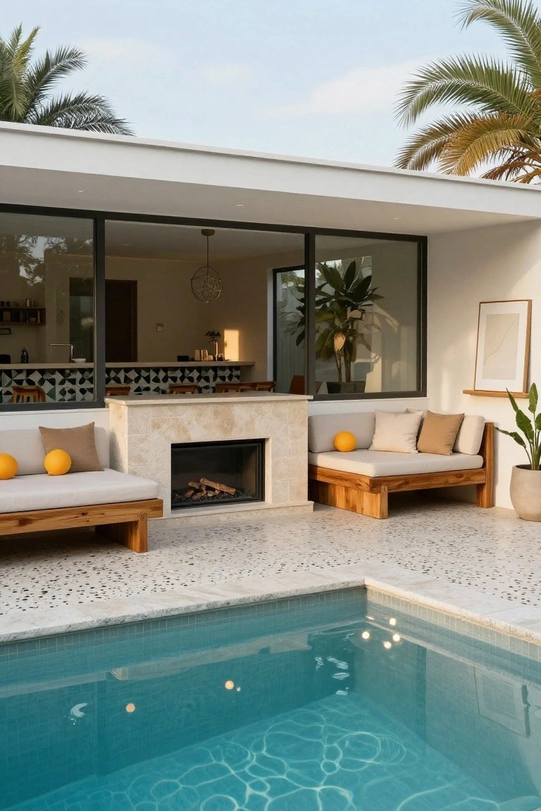 24 Cozy Pool House With Fireplace Ideas For Year Round Comfort Outdoor poolside area with a built-in beige stone linear fireplace flanked by two low wooden daybeds with beige cushions and orange balls, turquoise tiled pool in foreground, modern white house with large glass windows and indoor kitchen visible behind, palm trees and potted plants around.
