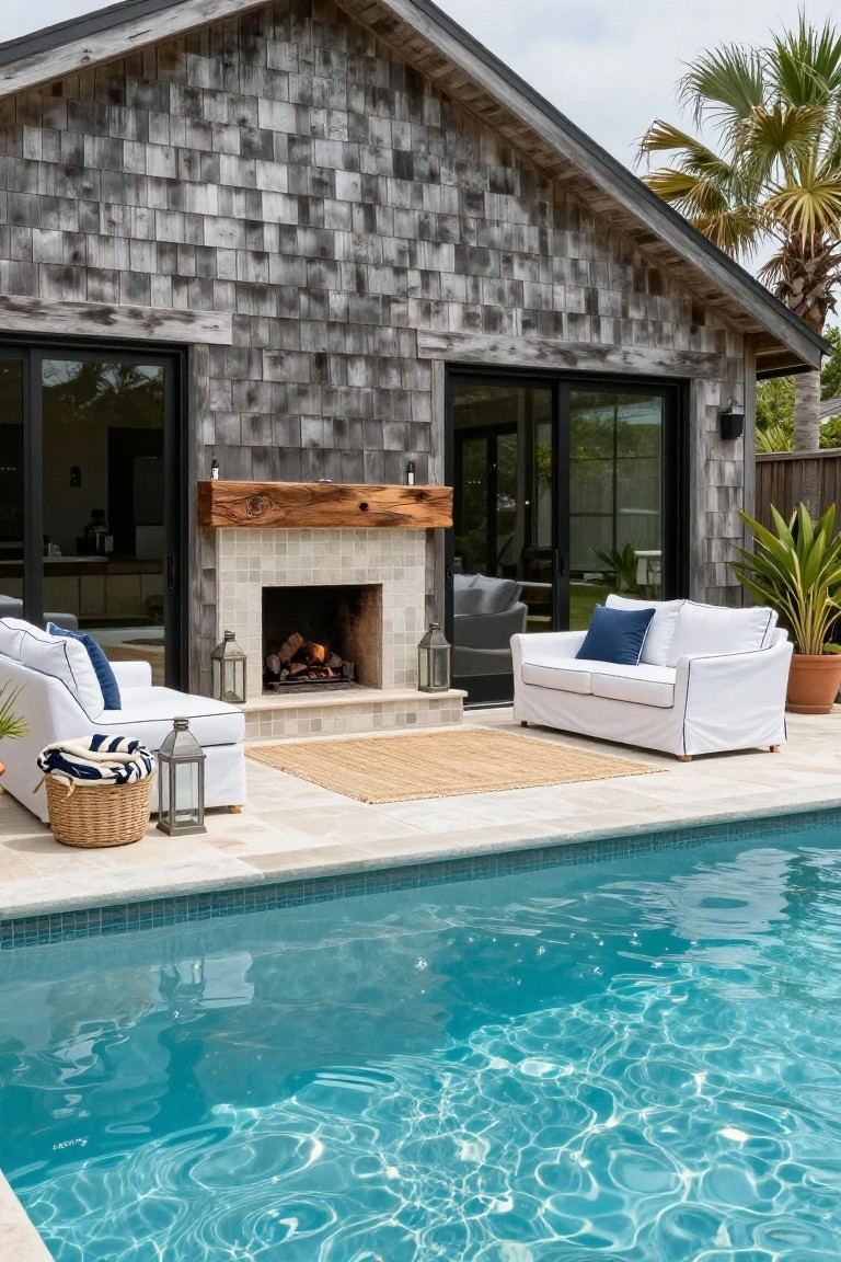 24 Cozy Pool House With Fireplace Ideas For Year Round Comfort Gray shingled pool house with large black-framed glass doors open to interior, stone outdoor fireplace with thick wood mantel and burning logs, two white slipcovered sofas with blue pillows on tiled patio next to turquoise pool, potted plants and lanterns nearby.