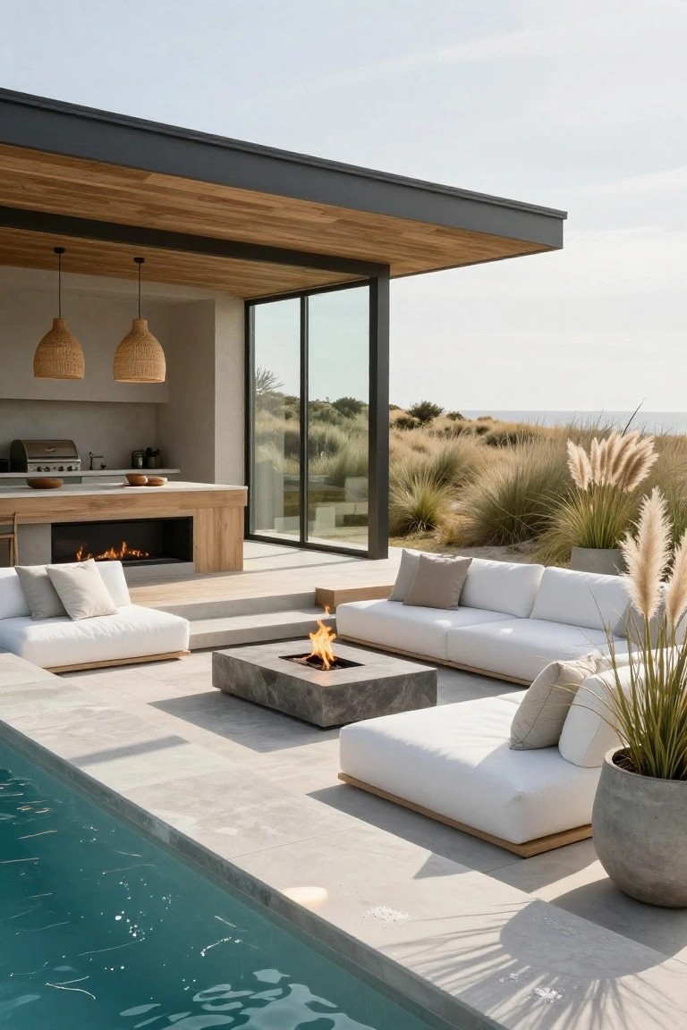 24 Cozy Pool House With Fireplace Ideas For Year Round Comfort Outdoor terrace by a pool featuring white low-profile sofas arranged around a square concrete fire table, next to a covered kitchen with built-in fireplace, barbecue grill, and large pampas grass plants, with sand dunes and ocean in the background.