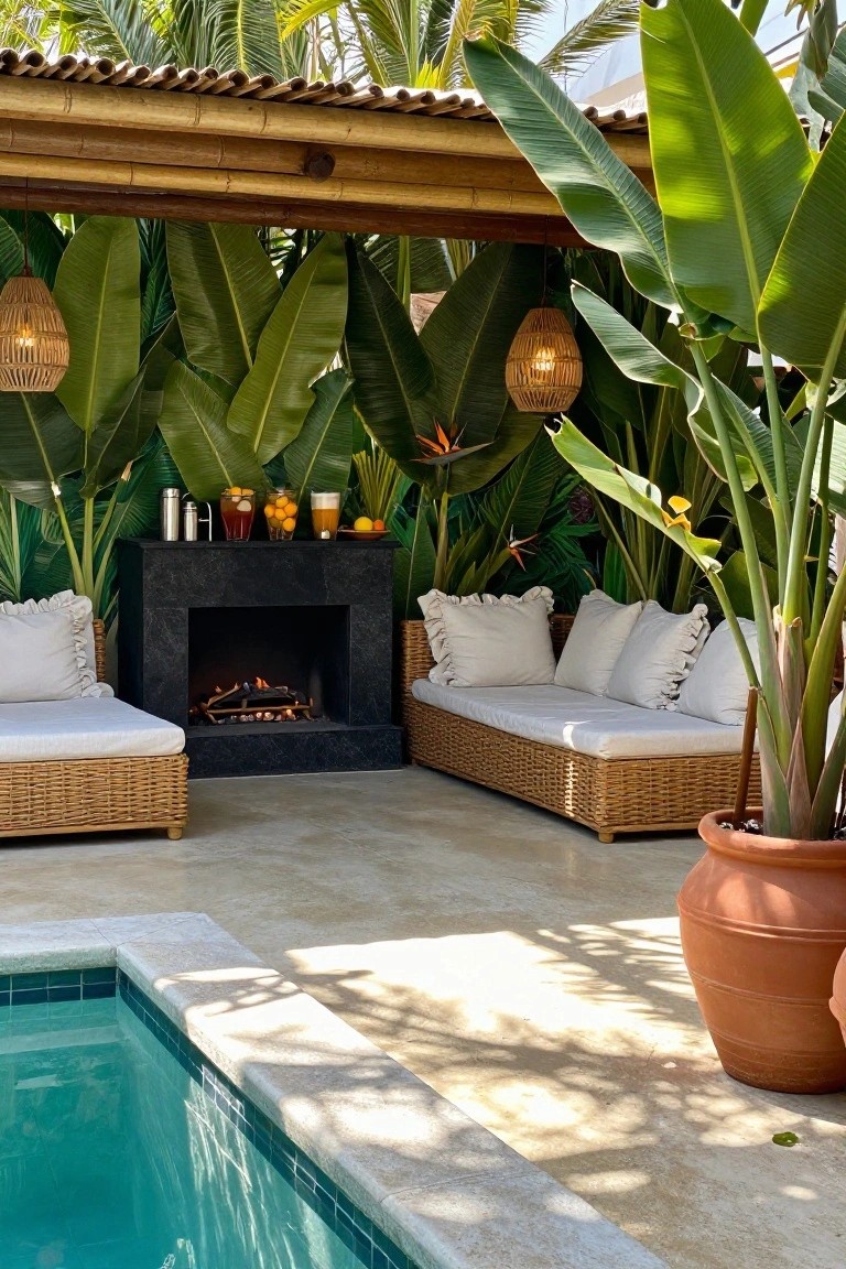 24 Cozy Pool House With Fireplace Ideas For Year Round Comfort Outdoor lounge area featuring white rattan sofas around a lit black stone fireplace, surrounded by tropical plants including banana leaves, with a turquoise pool adjacent and hanging lanterns overhead.