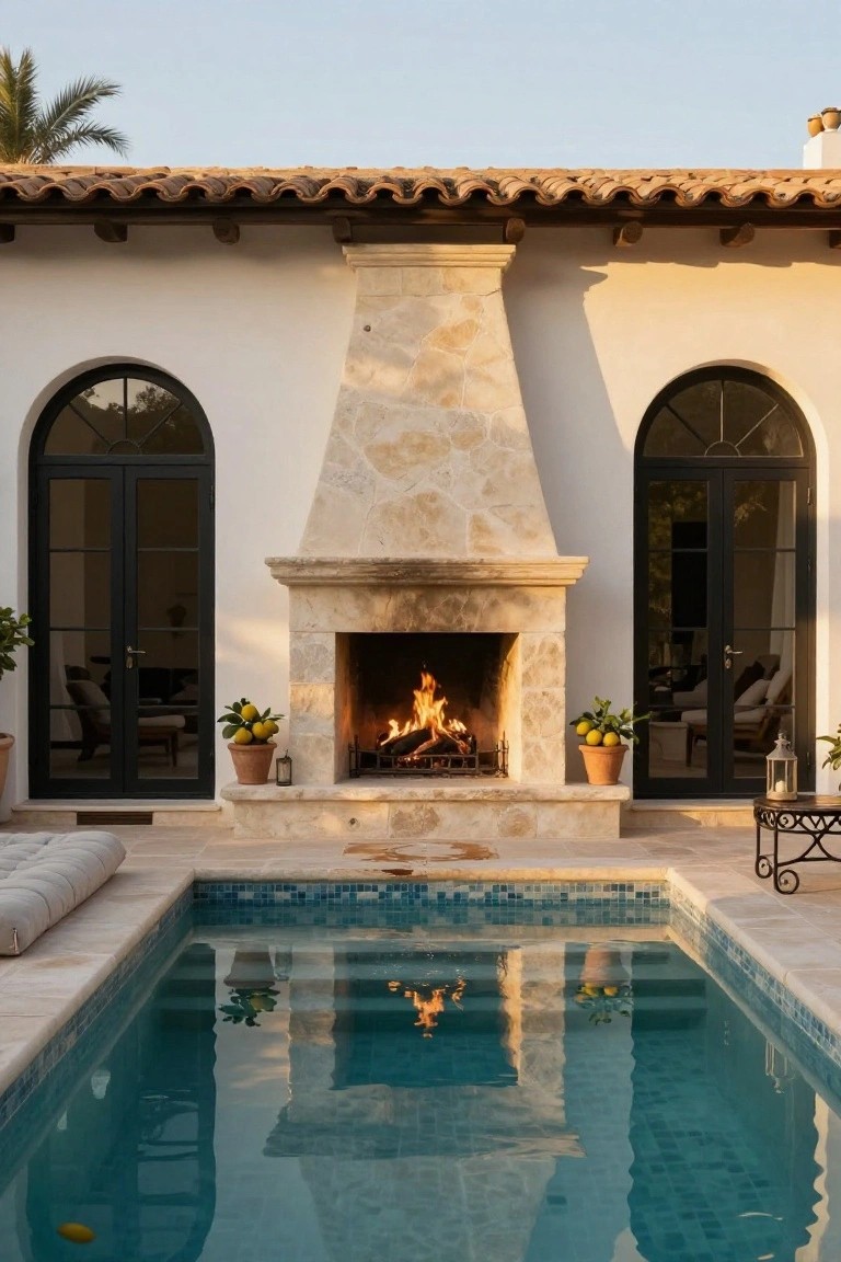 24 Cozy Pool House With Fireplace Ideas For Year Round Comfort Outdoor stone fireplace between two sets of arched black doors on a white stucco wall, facing a turquoise mosaic-tiled pool, flanked by potted lemon trees and a cushioned bench.