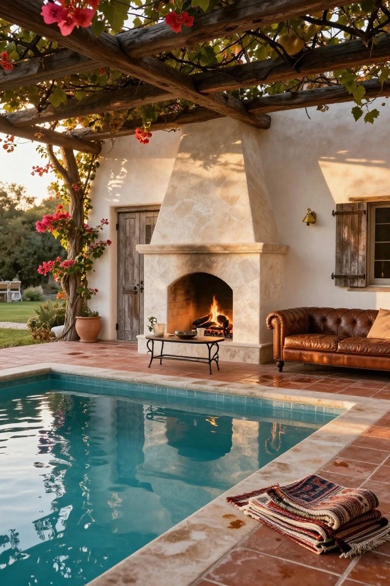 24 Cozy Pool House With Fireplace Ideas For Year Round Comfort Outdoor patio with stone fireplace built into white stucco wall next to turquoise pool, brown leather sofa on terracotta tiles, wooden pergola overhead with vines and red flowers.