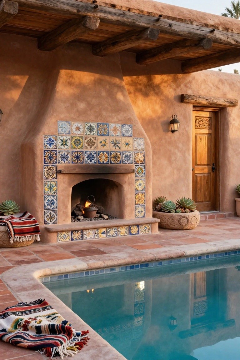 24 Cozy Pool House With Fireplace Ideas For Year Round Comfort Outdoor adobe-style fireplace with multicolored tiled surround and lit fire pot, built into a tan wall next to a turquoise pool on terracotta patio with succulents, wooden door, and colorful blankets.