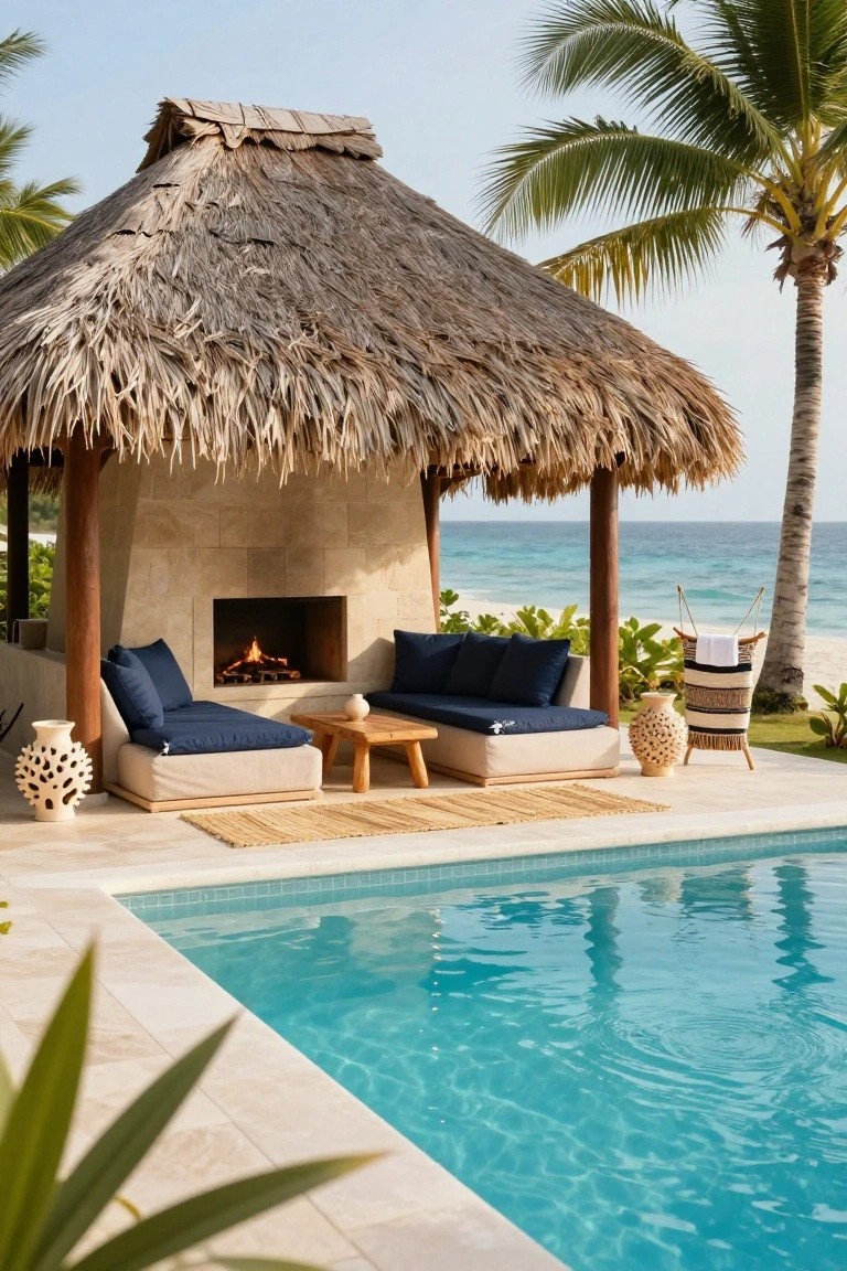 24 Cozy Pool House With Fireplace Ideas For Year Round Comfort Thatched-roof outdoor cabana with stone fireplace, navy cushions on low daybeds, wooden table, ceramic vases, and woven basket on tiled pool deck next to turquoise pool and ocean view.