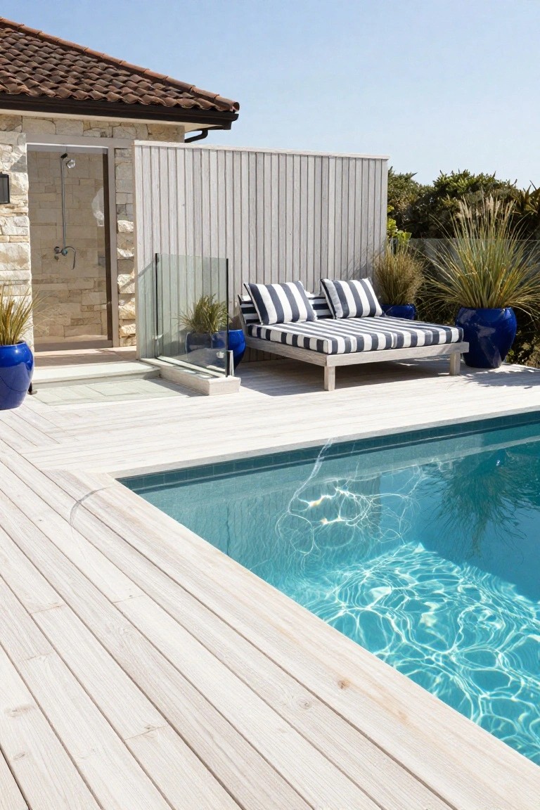 Inground pool with light bleached wood decking, adjacent outdoor shower in stone enclosure, striped cushioned daybed, blue ceramic pots, and white wooden fence.