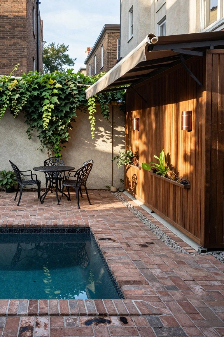 Small inground pool with dark blue water surrounded by reddish brick pavers, black metal bistro table and four chairs on the deck, wooden fence with planters and copper lights, ivy on stucco walls, and awning overhead in a courtyard.