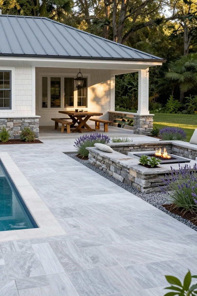 Gray porcelain tiled pool deck adjacent to an inground pool, featuring a built-in linear fire pit within stone retaining walls planted with lavender, cushions on the walls, and a nearby pool house with wooden picnic table.