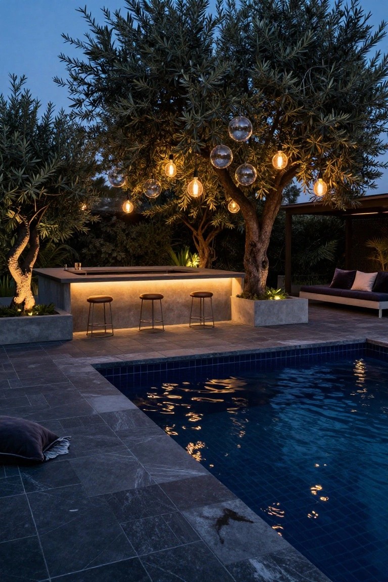 Dusk view of inground pool with dark tiled decking, concrete bar counter under olive tree with hanging glass globe lights, three bar stools, and nearby cushioned bench.