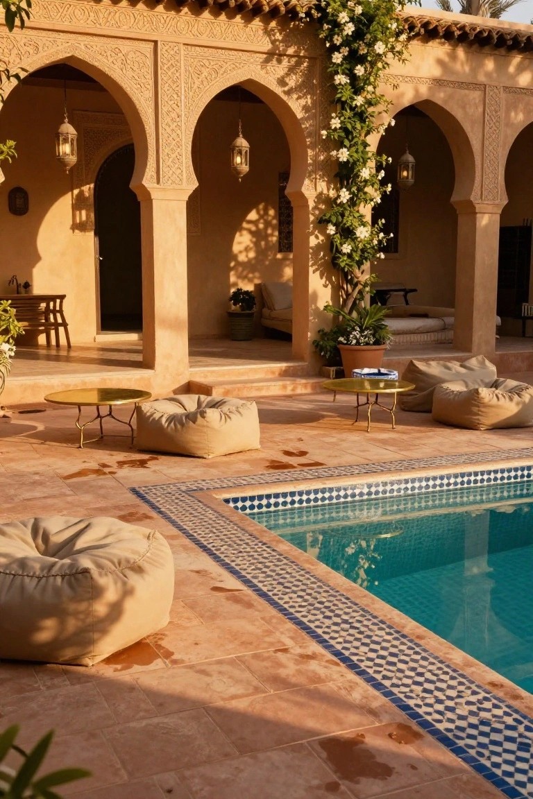 Terracotta-tiled outdoor terrace with inground pool edged in blue-and-white zellige tiles, large beige poufs, low brass tables, and arched doorways with hanging lanterns.