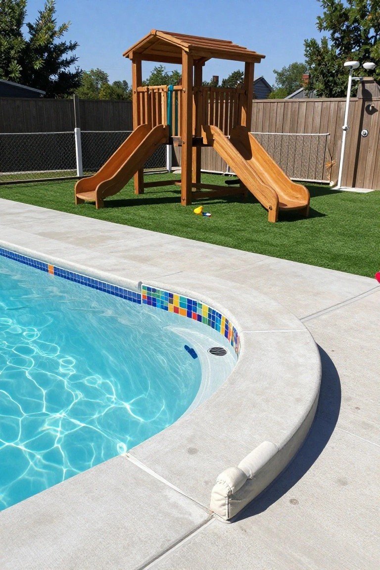 Inground swimming pool with curved white concrete deck edged in colorful mosaic tiles, next to artificial turf yard and wooden playground structure.