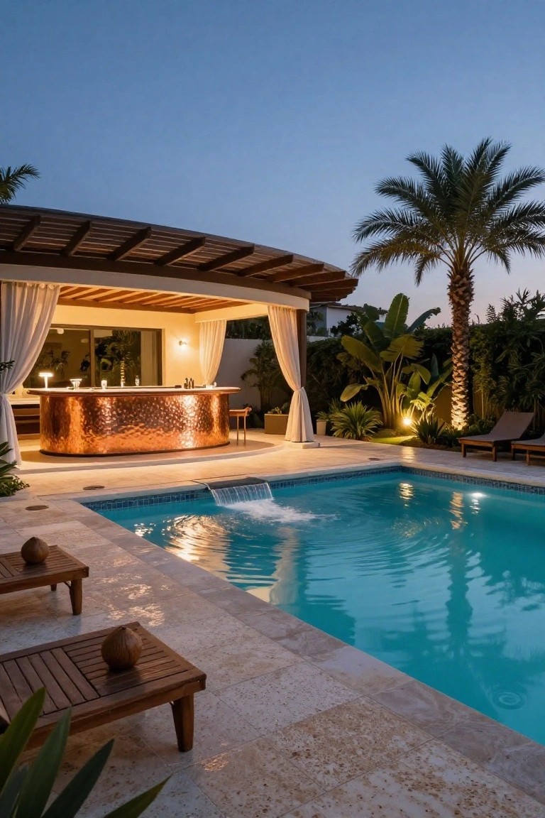 Twilight scene of turquoise inground pool with infinity-edge waterfall, light stone deck, curved hammered copper bar under pergola with white drapes, wooden lounge chairs with coconuts, and tropical plants and palms.