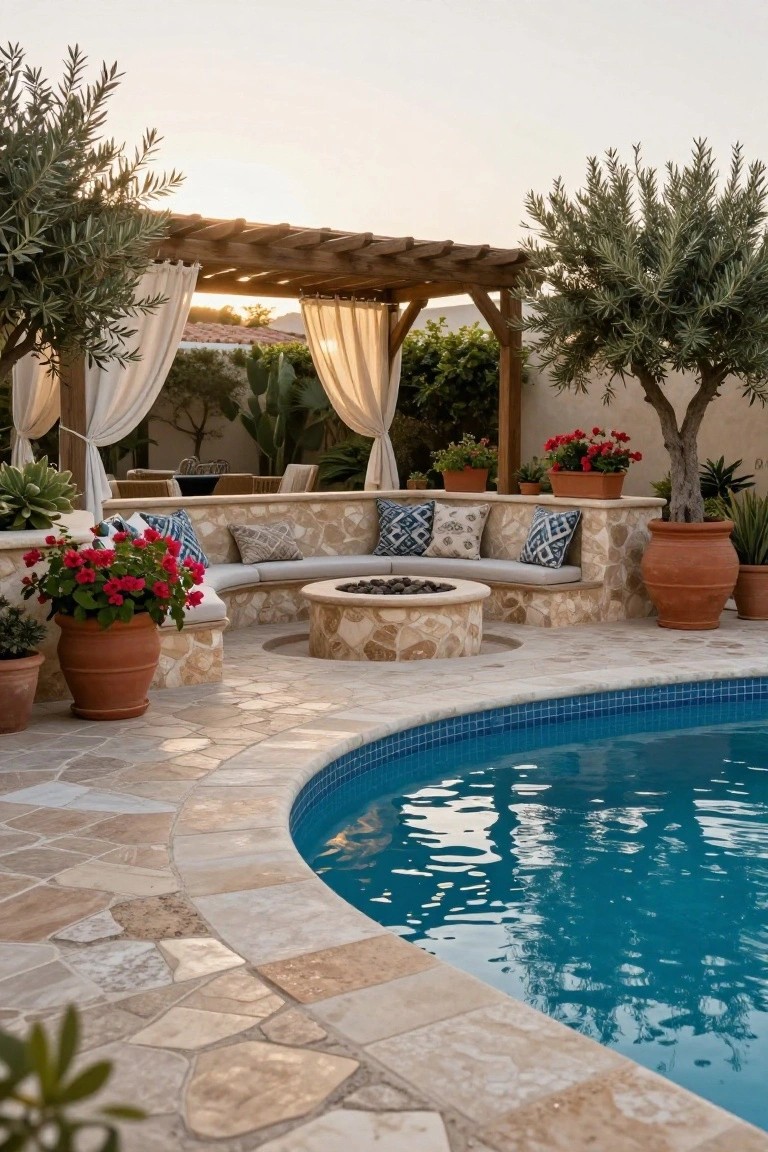 Curved beige stone banquette with blue patterned cushions encircling a round gas fire pit on a tiled pool deck, under a wooden pergola with white curtains, next to a blue inground pool with potted red flowers and olive trees.