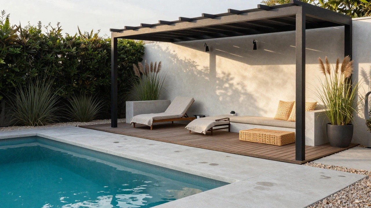 Turquoise inground pool with light wood plank edging, surrounded by light gray concrete pavers, wooden lounge seats, black metal pergola, and tall pampas grass against a green hedge backdrop.