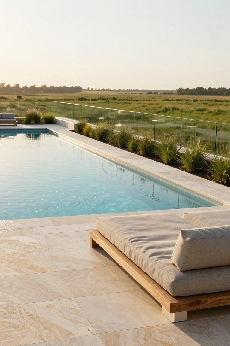 Infinity-edge inground pool with frameless glass balustrade and tall ornamental grasses in raised beds along the edge, overlooking grassy fields at sunset, low wooden daybed on light travertine tile deck in foreground
