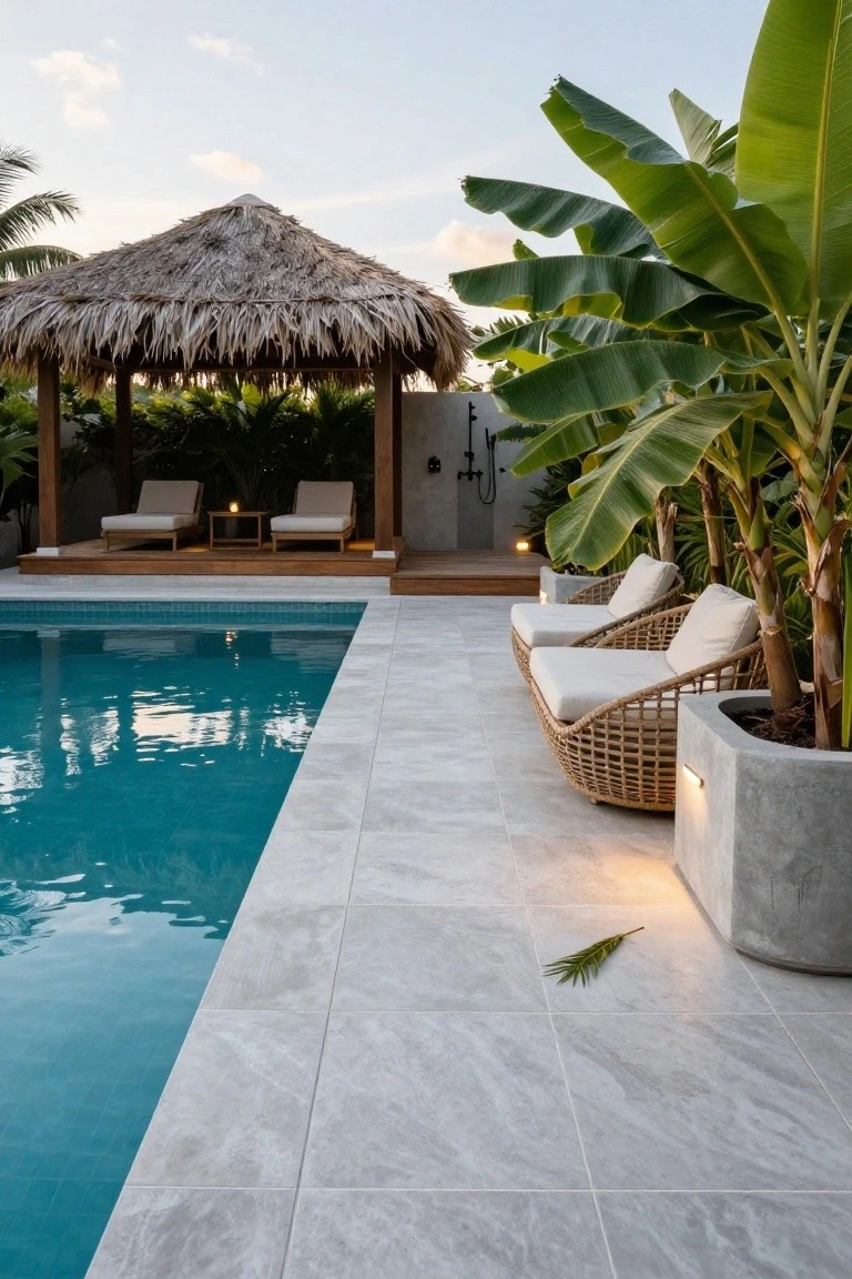 Turquoise inground pool with light gray porcelain tiled decking along one side, rattan lounge chairs nearby, banana plants in concrete pots, and a thatched-roof wooden pavilion elevated on a deck in the background.