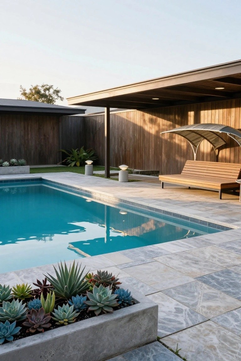 Inground pool surrounded by light gray veined tile decking, featuring a linear concrete planter filled with various succulents along the edge, a wooden slat lounger bench, cylindrical concrete lights, and a covered wooden seating area with fence in the background.