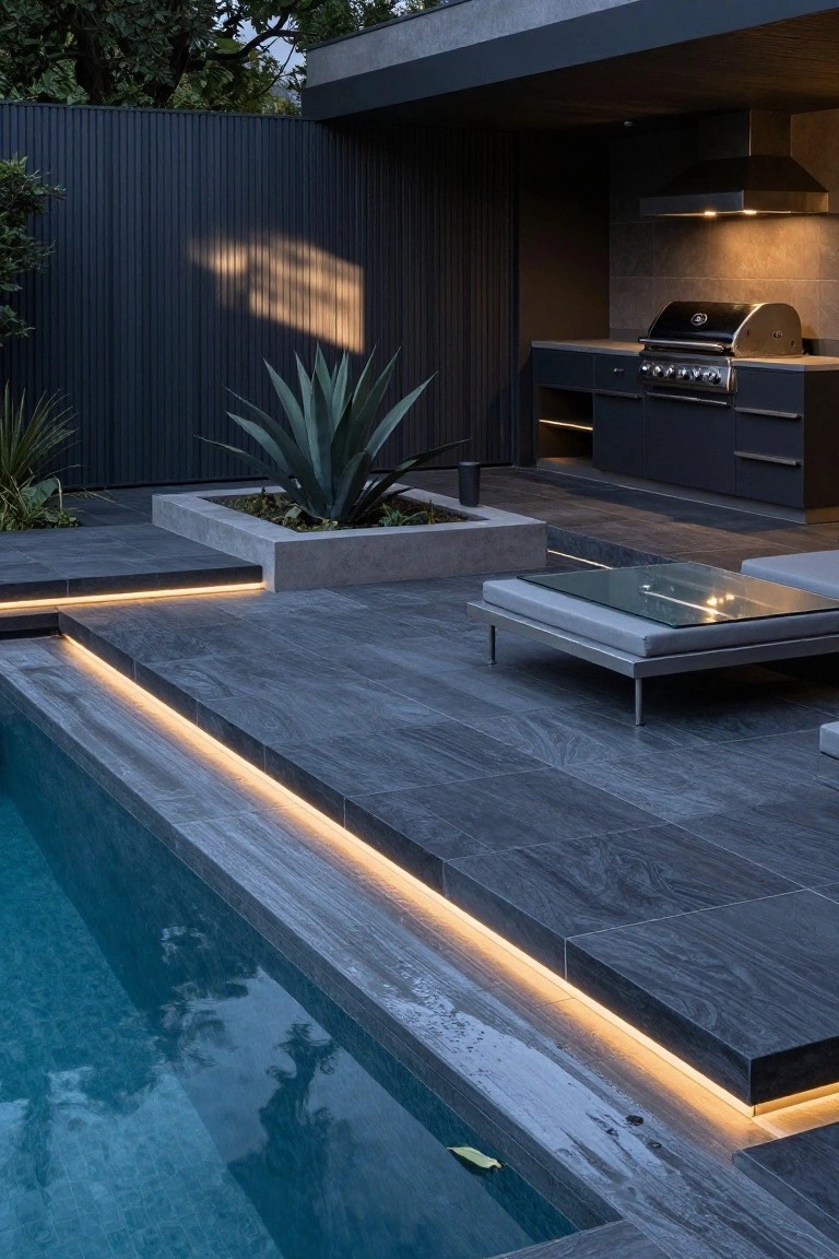 Inground pool with dark gray tiled deck edged by continuous yellow LED strip lighting, nearby black outdoor kitchen with gas BBQ, low modern seating with glass table, potted agave plant, and dark fence at dusk.