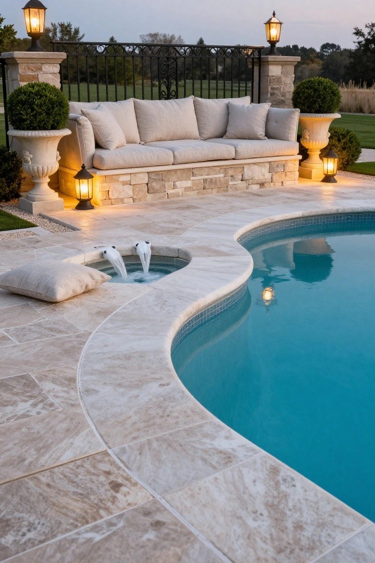Curved inground pool with integrated spa featuring two white fountain spouts, surrounded by light beige stone deck tiles, a beige cushioned outdoor sofa on a stone wall base, potted topiaries, lanterns, and black iron fencing against a golf course backdrop at dusk.