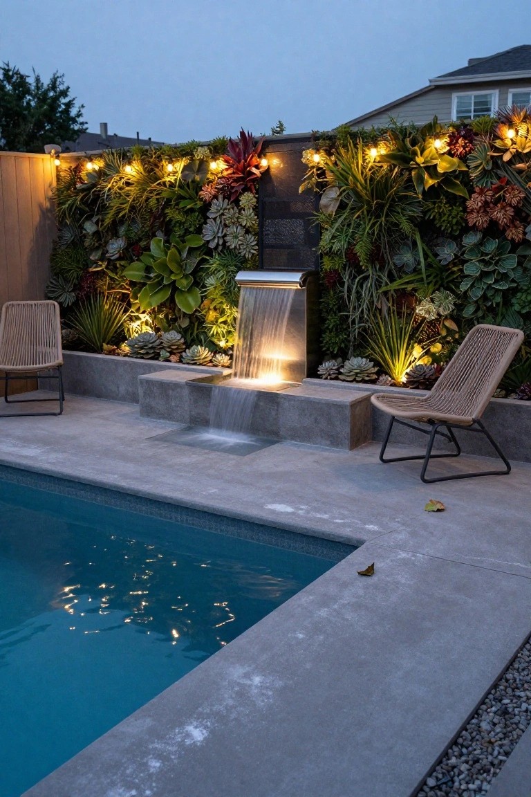 Inground pool deck at dusk with a vertical wall of green succulents and plants featuring a central stainless steel waterfall, rattan lounge chairs nearby, string lights along the wall, and turquoise pool water adjacent.