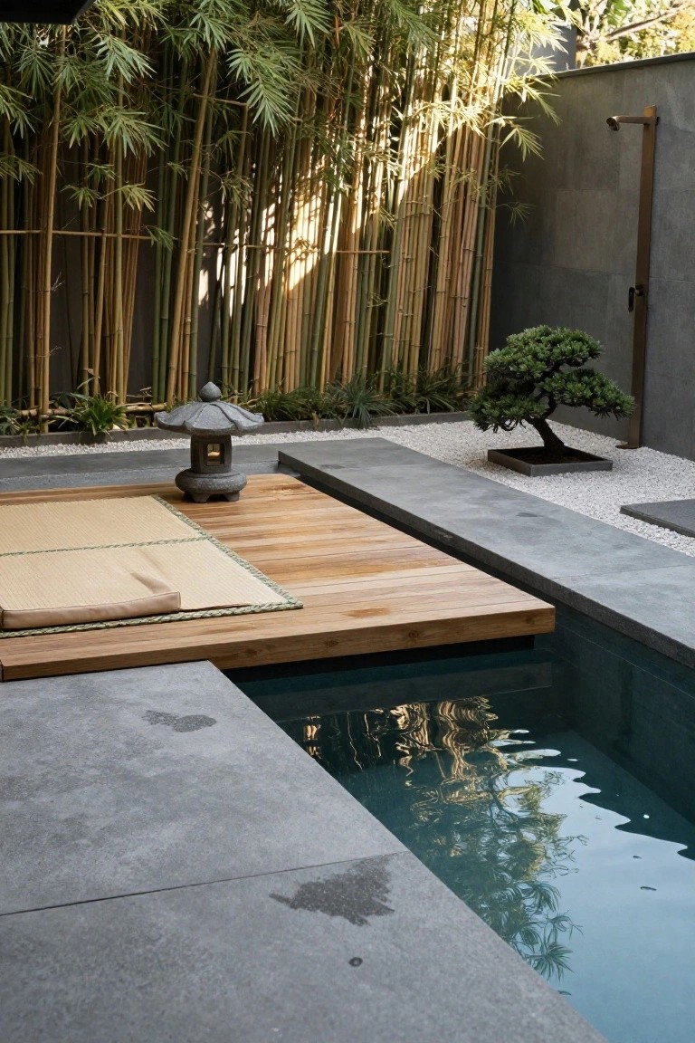 Inground pool with adjacent raised wooden deck platform edged in tatami mat, stone lantern nearby, bonsai tree in gravel bed, and tall bamboo screen along gray concrete walls.