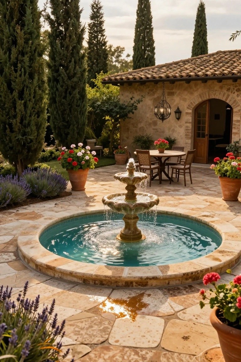 Circular blue-tiled inground pool with three-tiered stone fountain in center, surrounded by beige stone paver patio, wooden bistro table and chairs, terracotta pots of red geraniums and lavender, tall cypress trees, and arched doorway on beige stucco house.