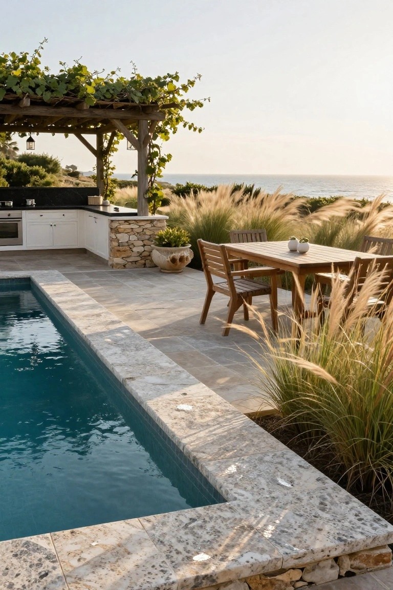 Inground pool with turquoise water and light beige stone coping and deck tiles adjacent to an outdoor kitchen with stone counters and a wooden dining table under a vine-covered wooden pergola, surrounded by tall grasses overlooking the ocean.