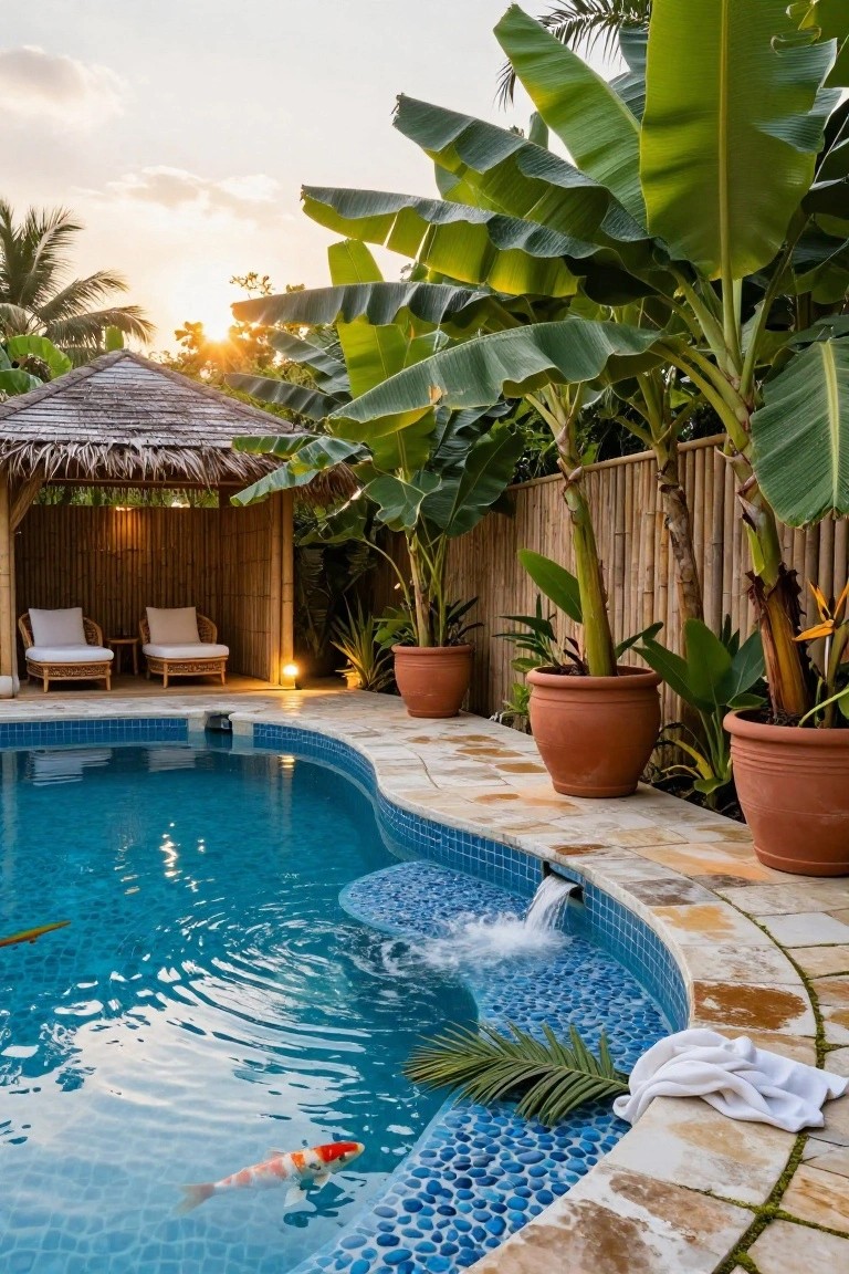 Curved inground pool with blue pebble mosaic tiles, koi fish, small waterfall at a tiled bench edge, surrounded by tropical plants in terracotta pots and a thatched bamboo cabana with two cushioned lounge chairs on a stone deck.