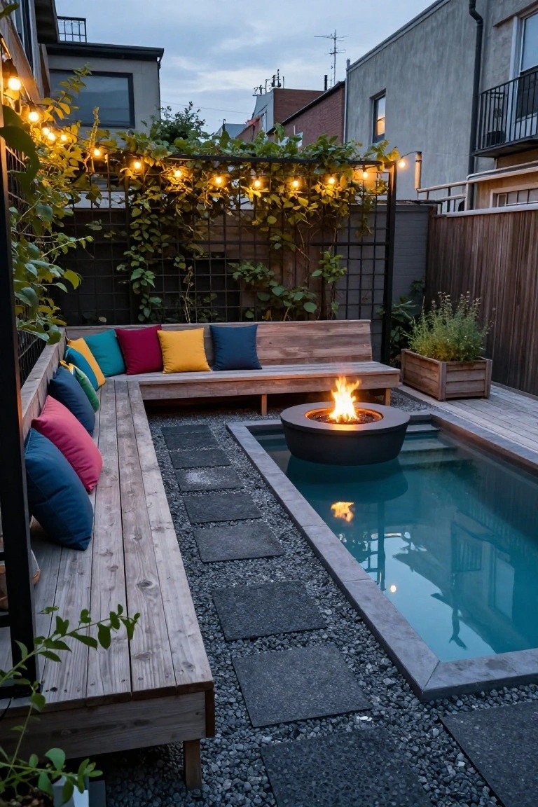 Small rectangular inground pool with a circular black fire pit bowl in the water, surrounded by an L-shaped wooden bench piled with colorful cushions, gravel and dark stone paver decking, greenery-covered fences, and string lights overhead in a backyard courtyard at dusk.