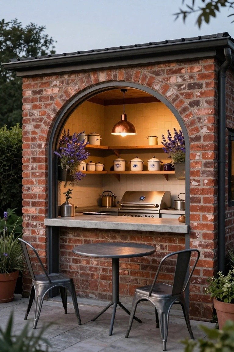 Brick outdoor kitchen with arched opening containing shelves stocked with pottery and lavender, a stainless steel grill, copper pendant light, concrete serving counter, small round metal table with two chairs, potted plants, and garden surroundings.