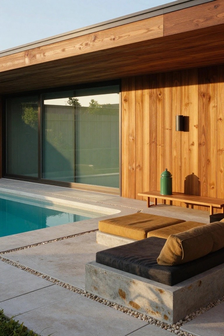 Wooden house wall with sliding glass doors next to a turquoise pool, built-in concrete seating platform with tan and black cushions, wooden bench holding a green canister, stone deck with pebble borders.