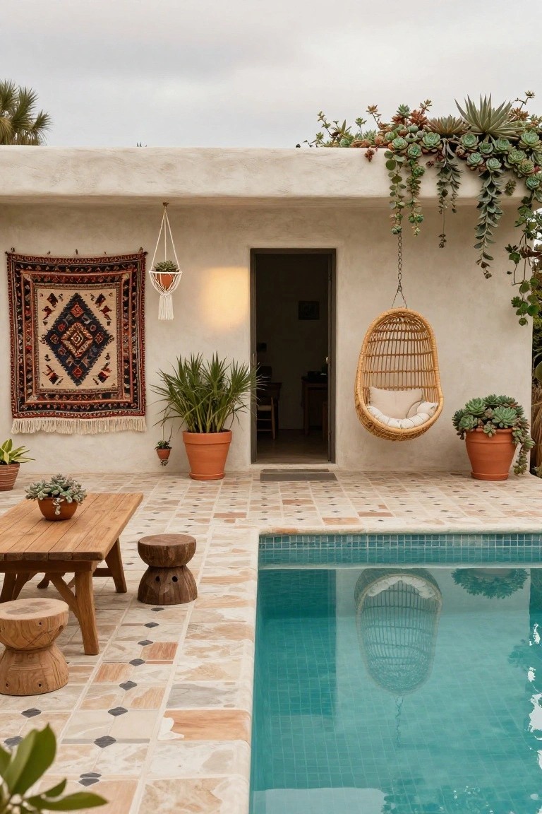 Poolside patio with wooden table and stools next to a turquoise pool, hanging wicker chair, potted succulents and palms, woven wall hanging on stucco house wall, and open doorway.