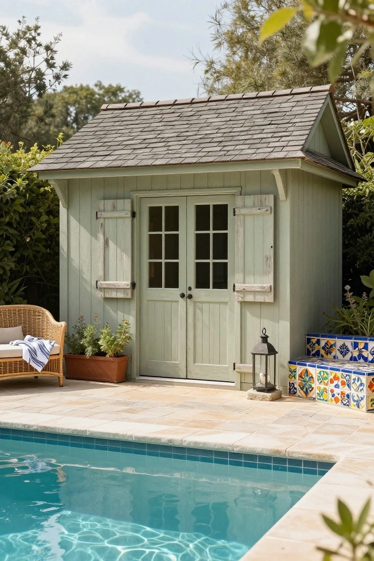 Small sage-green wooden shed with double doors, white shutters, and sloped roof positioned beside an in-ground pool on a stone tile patio, with rattan chair, potted plants, hanging lantern, and colorful tiled steps nearby.