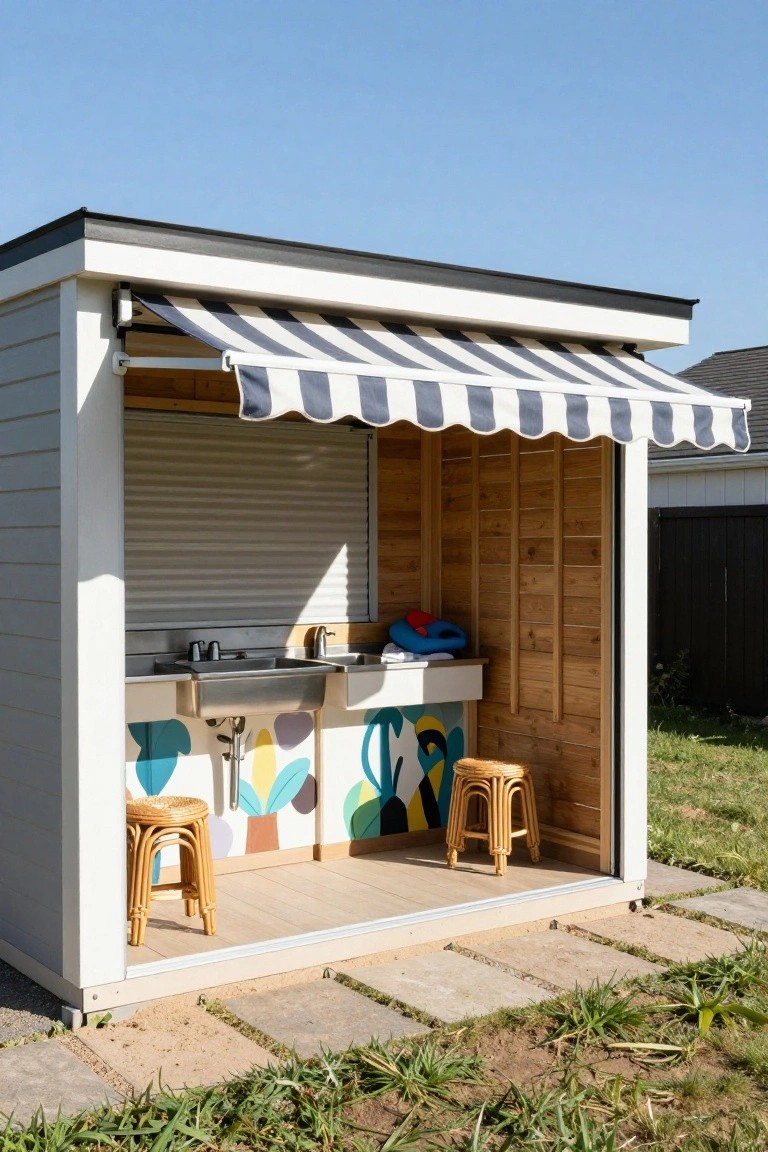 Small outdoor wooden structure with striped awning, open shutter window, stainless sink on colorful mural-painted counter, two woven bar stools, towels and floatie nearby, on paver patio in grassy yard.