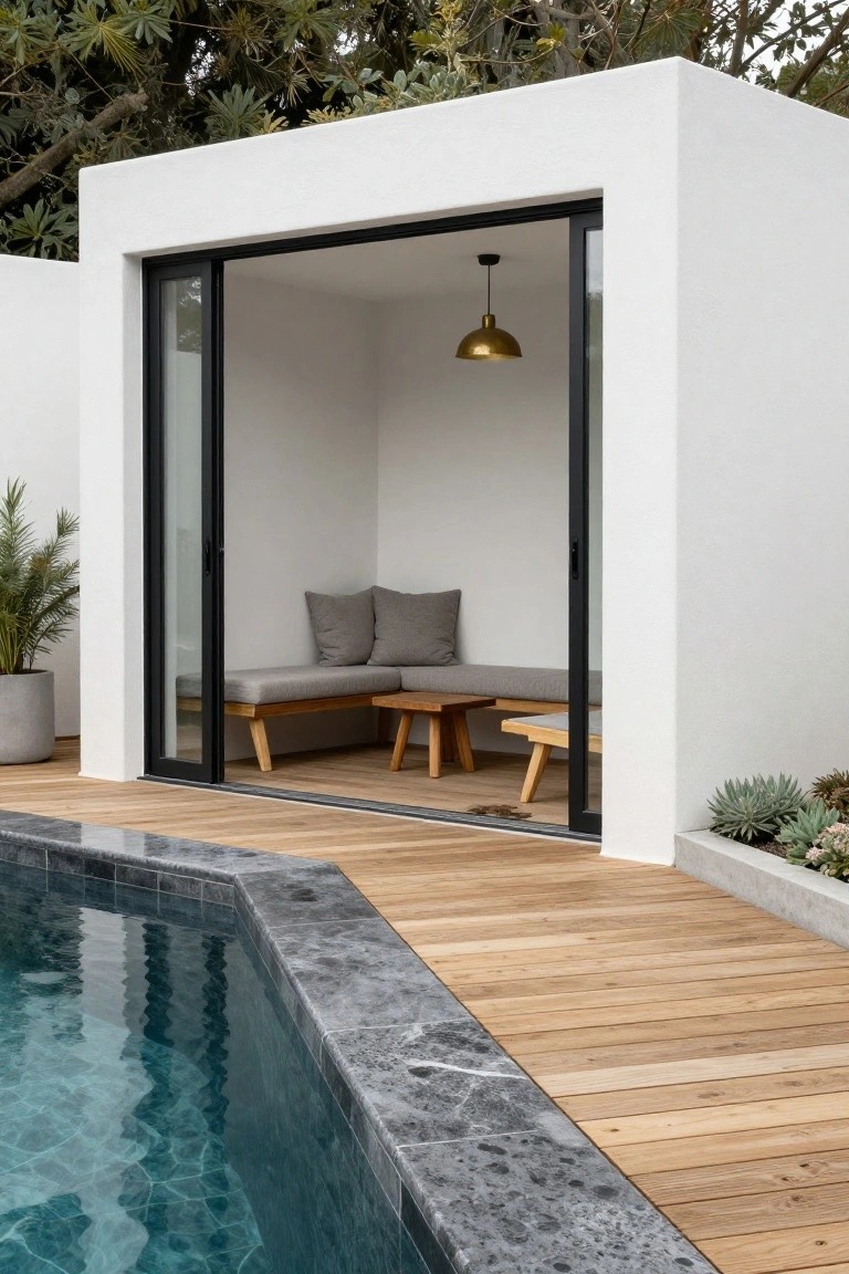 Small white cubic pool house with open black sliding glass doors showing interior built-in gray cushioned bench, wooden table and legs, next to turquoise tiled pool edge, wooden deck, and potted plants.