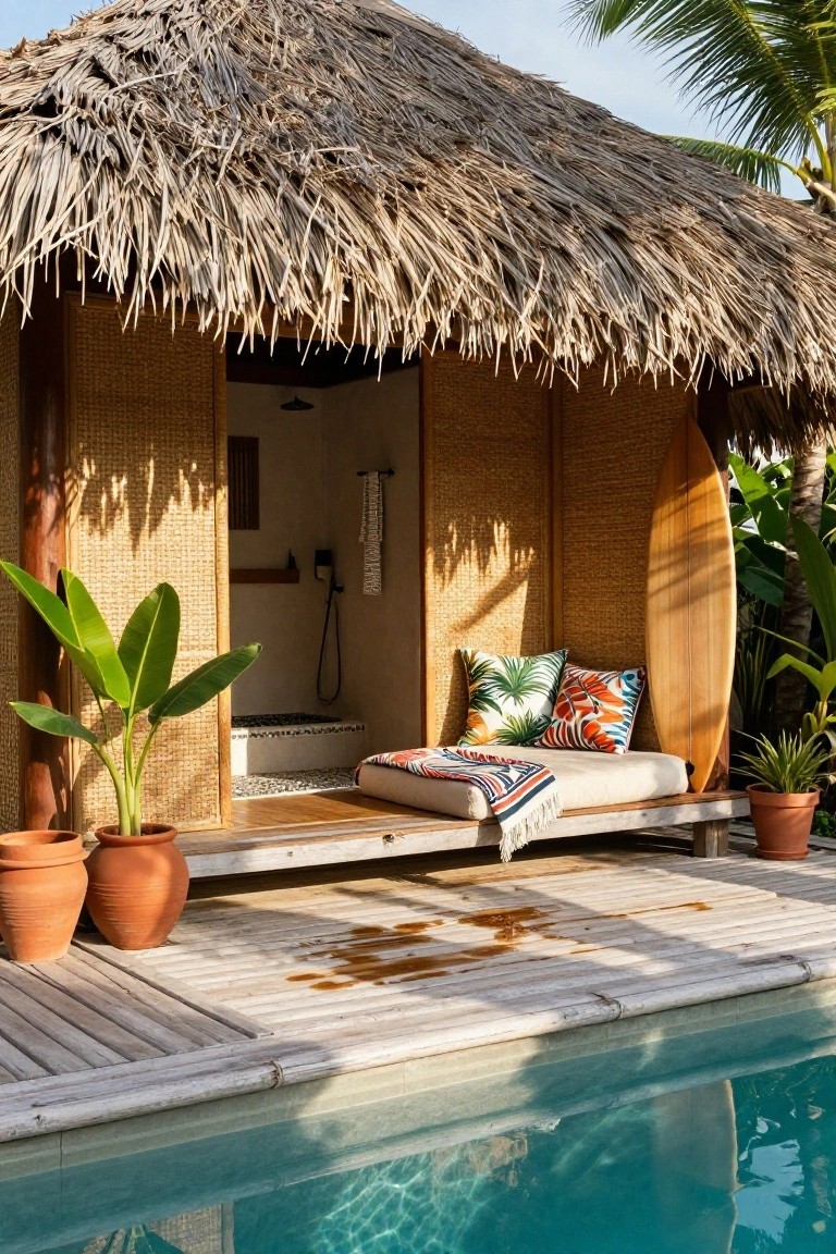 Thatched-roof bamboo cabana on a wooden deck next to a turquoise pool, featuring an open outdoor shower, cushioned daybed with colorful pillows and throw, leaning surfboard, and potted plants.