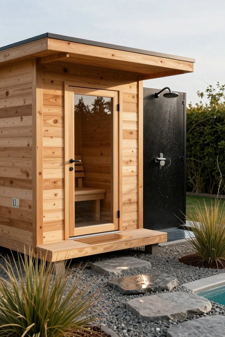 Small wooden sauna cabin with glass door and interior bench, attached to a black outdoor shower enclosure with rainfall head, positioned beside a pool in a backyard with gravel ground, stone pavers, and grasses.