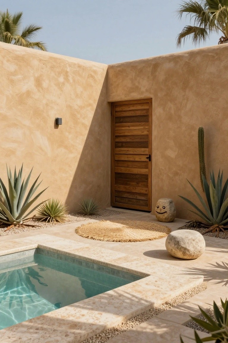 A small turquoise pool tiled in a corner formed by beige stucco walls, edged with light stone and surrounded by agave plants, a cactus, a woven seagrass rug, a smiling carved stone stool, and a wooden door, with palm trees overhead.